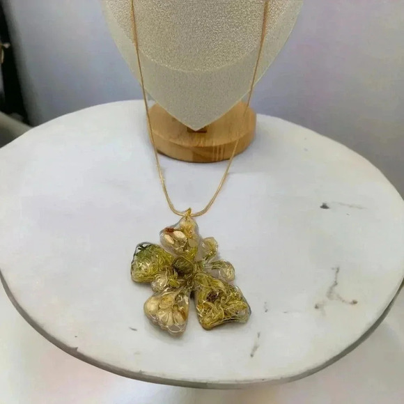 Hand Crafted Jewelry - Bespoke Calendula & Jasmine Dried Floral Butterfly Resin Pendant Gold Chain 20"